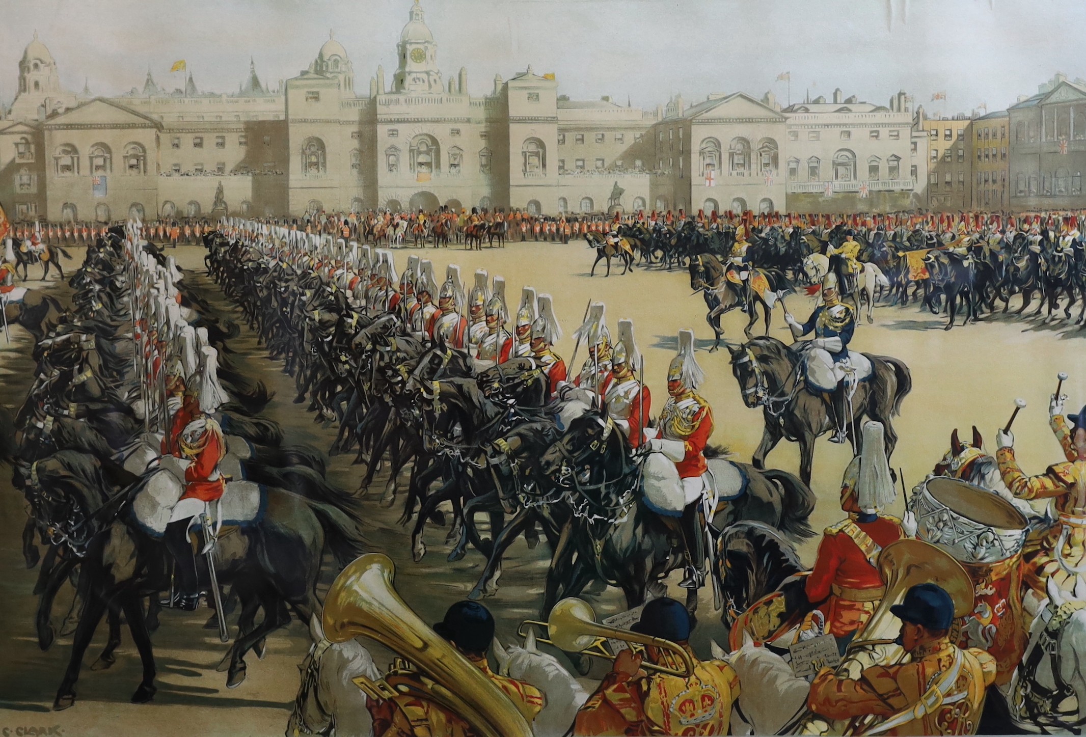 Christopher Clark (1875-1942), 'London by LMS, Trooping The Colour, Whitehall', RA Series 79, lithograph in colours, 102 x 126cm